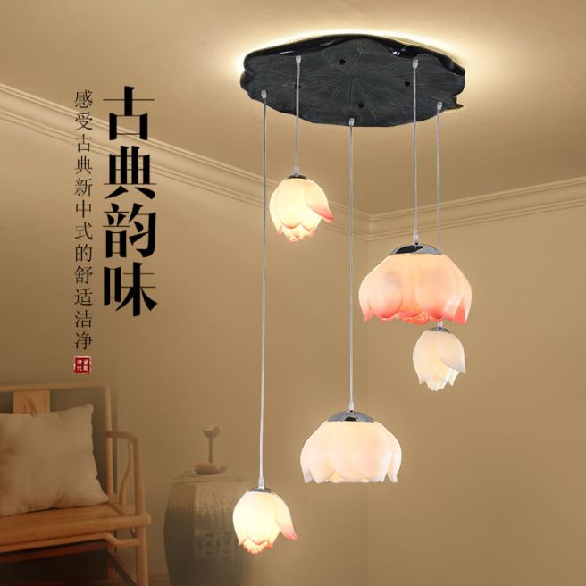 仿古中式風格蓮花吊燈|古典樹脂工藝蓮花形狀吊燈